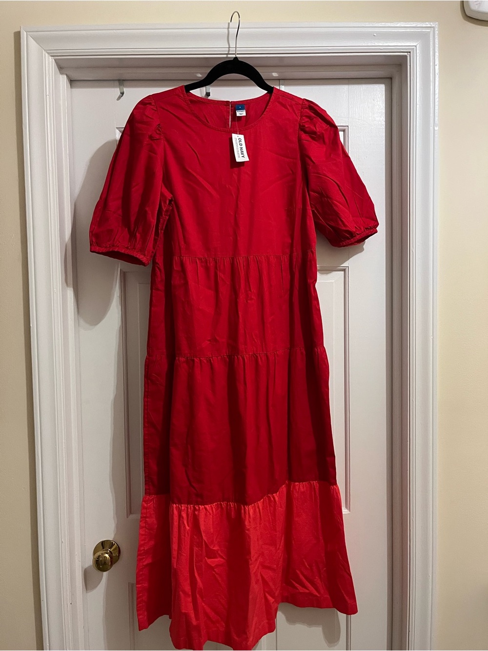 Old Navy Red Puff-Sleeve Tiered Midi Dress